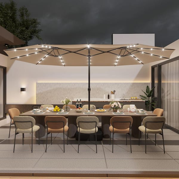 15 ft. Large Market Patio Umbrella with 36 Solar Lights, Double-Sided Outdoor Cantilever Umbrella with Base in Beige