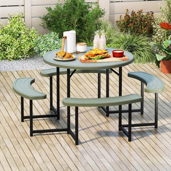 1-Piece Plastic Round Outdoor Dining Set Picnic Table Bench Set with Umbrella Hole All Weather Tabletop Green