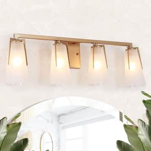 28 in. Modern Farmhouse Bathroom Vanity Light, 4-Light Contemporary Gold Wall Sconces with Bell Frosted Glass Shades