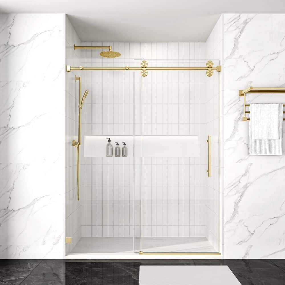 72 in. W x 76 in. H Sliding Frameless Bypass Shower Door in Brushed Gold with Easy-Clean 3/8 in. Glass price history on PriceWatchPro