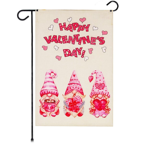 G128 1 ft. x 1.5 ft. Burlap Valentine's 3-Pink Hat Gnomes 2-Sided Garden Flag Printed Burlap