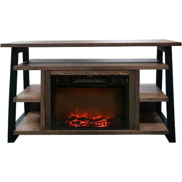 Hanover Industrial Chic 53.1 in. W Freestanding Electric Fireplace TV Stand in Walnut with Charred Log Display