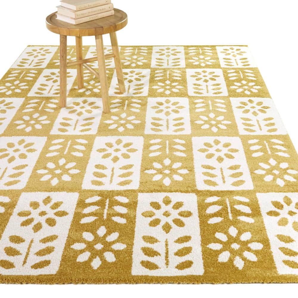 Karol Gold and White Floral Rectangular Kids Area Rug