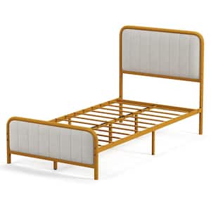 Gold Metal Bed Frame Upholstered Twin Platform Bed with Velvet Headboard