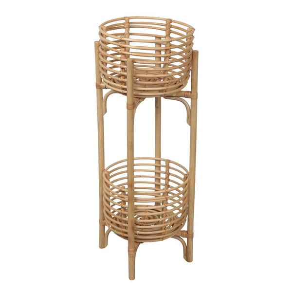 JONATHAN Y Zachariah 33.5" Bohemian Minimalist Handmade 2-Tier Rattan Indoor Planter Stand, Natural