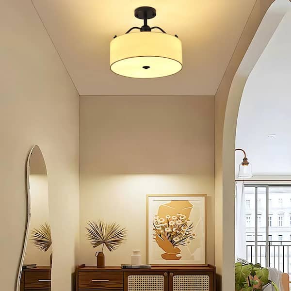 Modern 15 in. 3-Light Matte Black Dimmable Semi-Flush Mount Ceiling Light with White Drum Fabric Shade