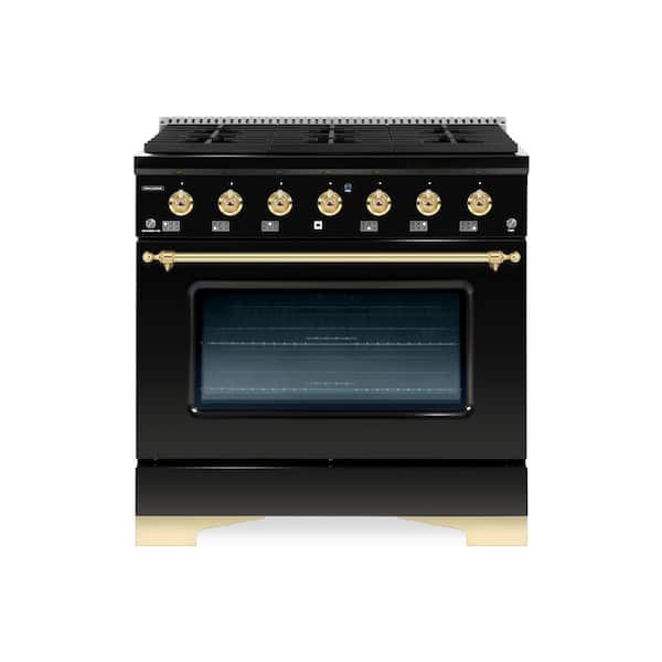 Hallman CLASSICO 36" 5.2CuFt. 6 Burner Freestanding All Gas Range with Gas Stove and Gas Oven, Glossy Black with Brass Trim