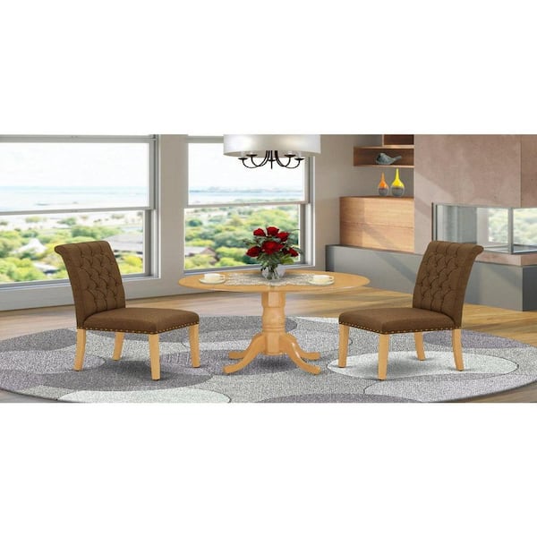 East West Furniture 3-Piece Round Natural Oak Finish Solid Wood Top Dining Table with 2-Parson Chairs with Drop Leaf Lattice Back