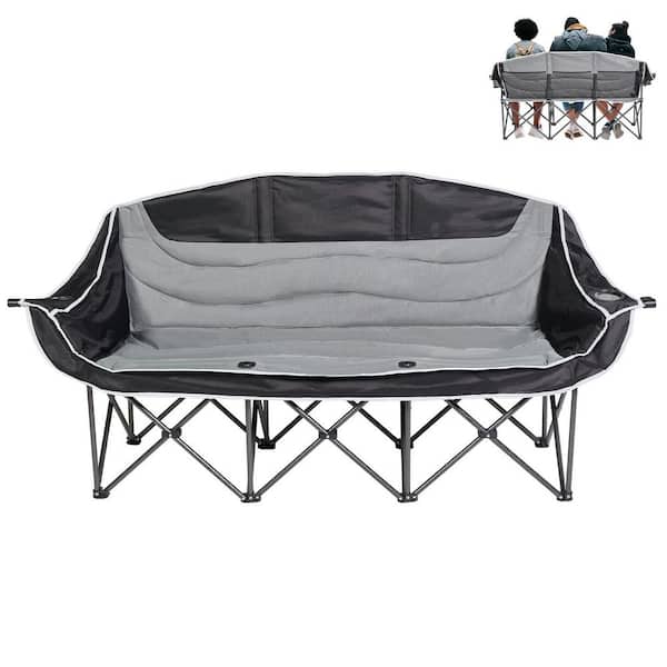 Oversized Heavy Duty Camping Chair Loveseat for Adults Portable Folding L 3 Person Black/Grey