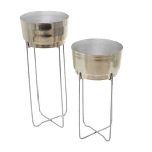 31 in., and 25 in. Extra Large Silver Metal Planter with Removable Stand (2- Pack)