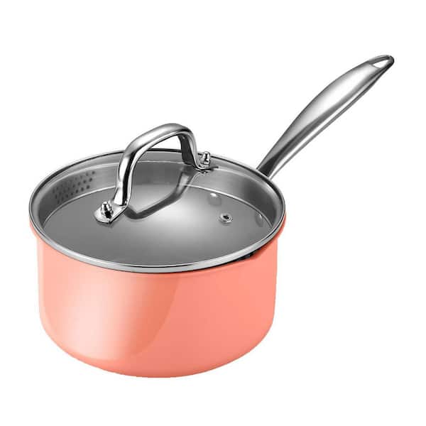 2.5 qt. Ceramic Nonstick Sauce Pan in Perracotta with Strainer Lid and Dual Pour Spouts Non Toxic PTFE PFOA Free