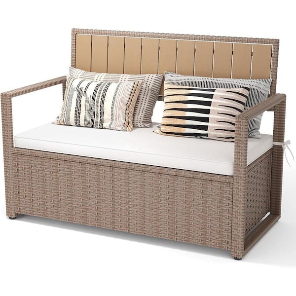 70 Gal. Beige Rattan Outdoor Storage Bench