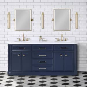 Palace 72 in. W x 22 in. D Vanity in Monarch Blue with Quartz Top in White with White Basins, Hook Faucets and Mirrors