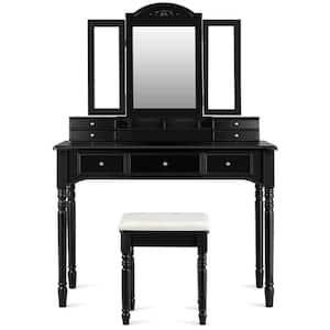 Black Vanity Makeup Dressing Table Set Armoire w/Drawer Mirror Necklace Hook