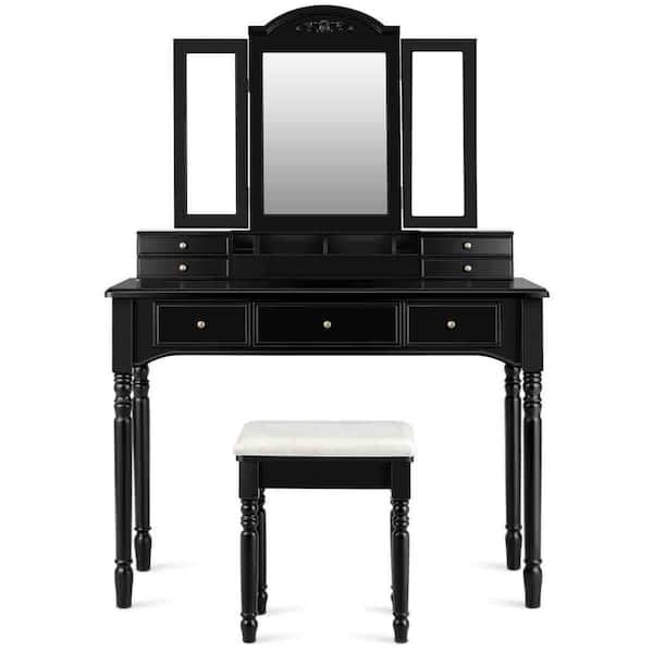 HONEY JOY Black Vanity Makeup Dressing Table Set Armoire w/Drawer Mirror Necklace Hook
