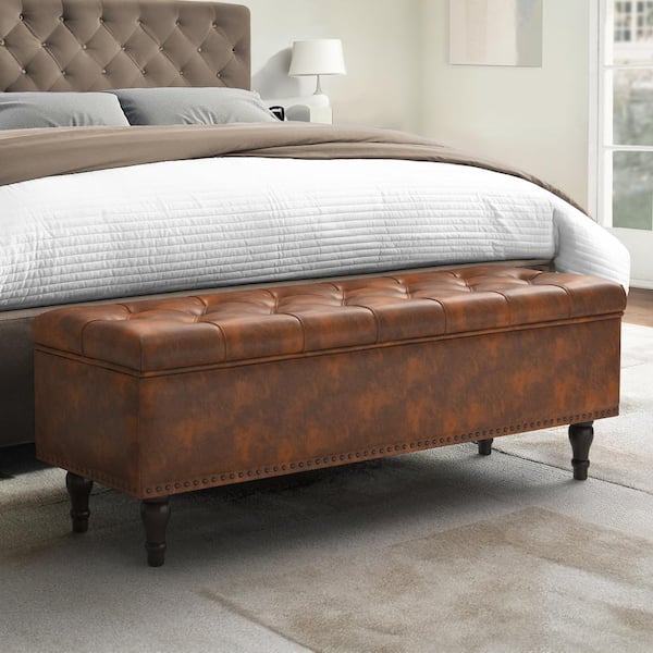 cozyman Dark Brown Faux Leather Upholstered Storage Bench 50 in. x 17 in. x18 in. Entryway Bench and Bedroom Bench End of Bed