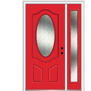 50 in. x 80 in. Left-Hand Inswing Rain Glass Red Saffron Fiberglass Prehung Front Door on 6-9/16 in. Frame
