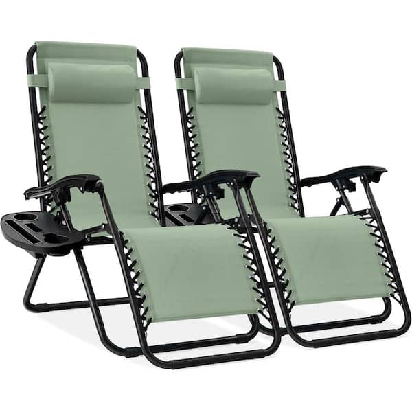 ITOPFOX Sage Green Adjustable Steel Mesh Zero Gravity Lounge Chair Recliners with Pillows and Cup Holder Trays, Set Of 2