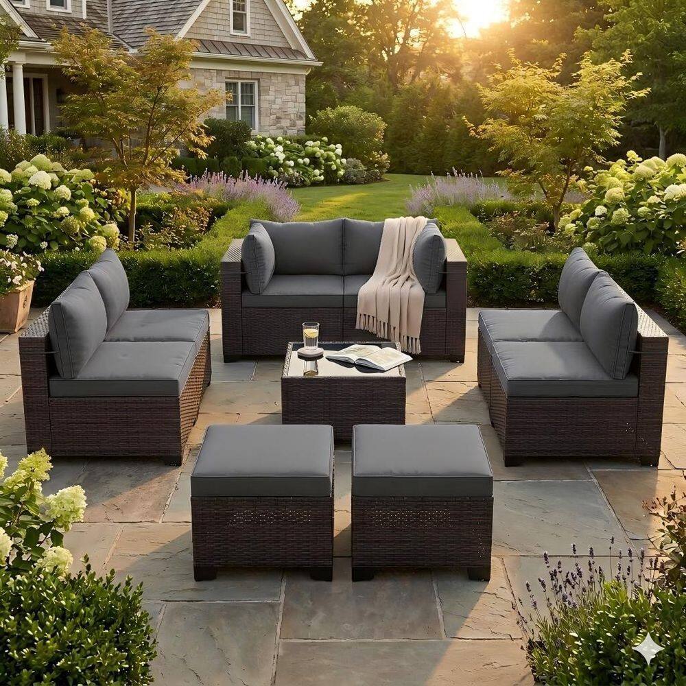 9-Piece Wicker Patio Conversation Set with 8 Seats, Coffee Table, Ottomans and Cushion Gray,Footrest,Garden price history on PriceWatchPro