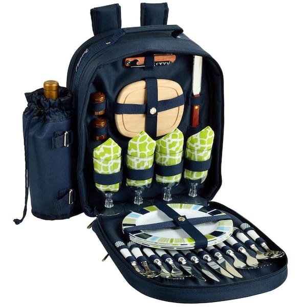 Green Insulated Picnic Backpack Set for 4 with Plates Flatware Wine Glasses Picnic Backpack for 4, Green backpack Set w/ plates, Glasses  main image 2
