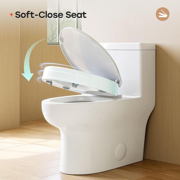(1-Piece) 1.28 GPF Single Flush Compact Elongated Toilet in White with 3 in. Toilet Seat Riser with Lid
