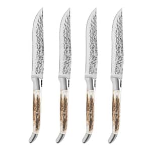 French Home Laguiole Set of 4, Connoisseur BBQ Stainless-Steel Steak Knives with Deer Horn Handles