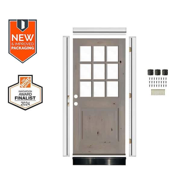 Krosswood Doors DIY 36 in. x 80 in. Right-Hand 9-Lite Clear Glass Grey Stain Knotty Alder Wood Front Door Kit w/ Quick Assemble Jamb