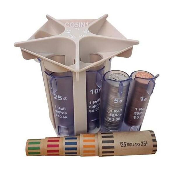 5-in-1 Coin Sorter Tube Counter with Coin Wrappers Organizes U.S. Currency for Easy Change Sorting and Rolling