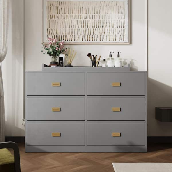FUFU&GAGA Gray 6-Drawer Changing Table with Safety Topper and Gold Pulls for Nursery Storage