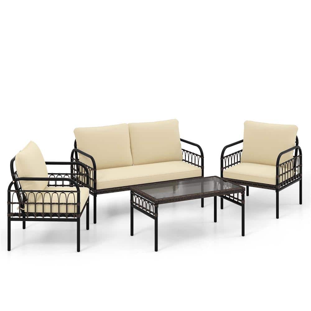 Costway 4-Piece Metal Patio Conversation Set with Beige Cushions QD ...