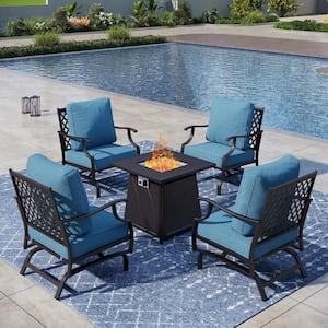 Metal 4 Seat 5-Piece Steel Outdoor Patio Conversation Set with Denim Blue Cushion, Rocking Chairs, Square Fire Pit Table