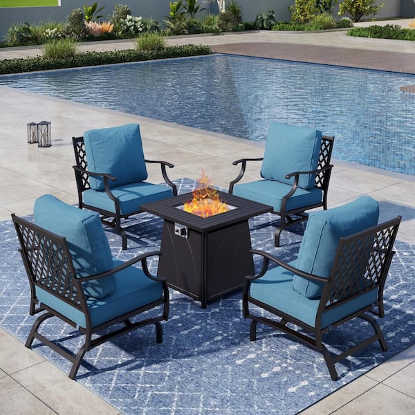 PHI VILLA Metal 4 Seat 5-Piece Steel Outdoor Patio Conversation Set with Denim Blue Cushion, Rocking Chairs, Square Fire Pit Table