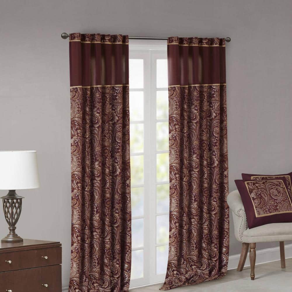 Burgundy Faux Silk Paisley Jacquard Light-Filtering Curtain Panels