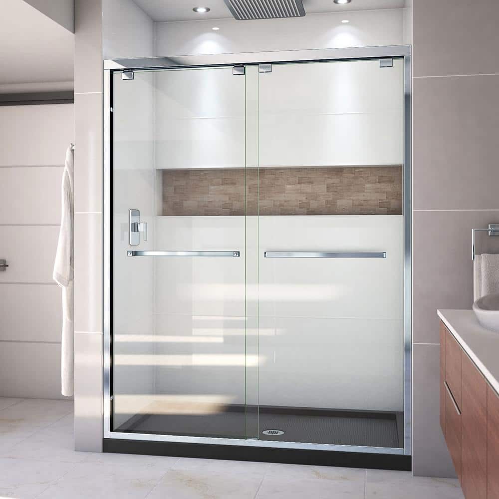 Encore 32 in. D x 60 in. W x 78.75 in. H Semi-Frameless Sliding Shower Door in Chrome with Center Drain Black Base price history on PriceWatchPro