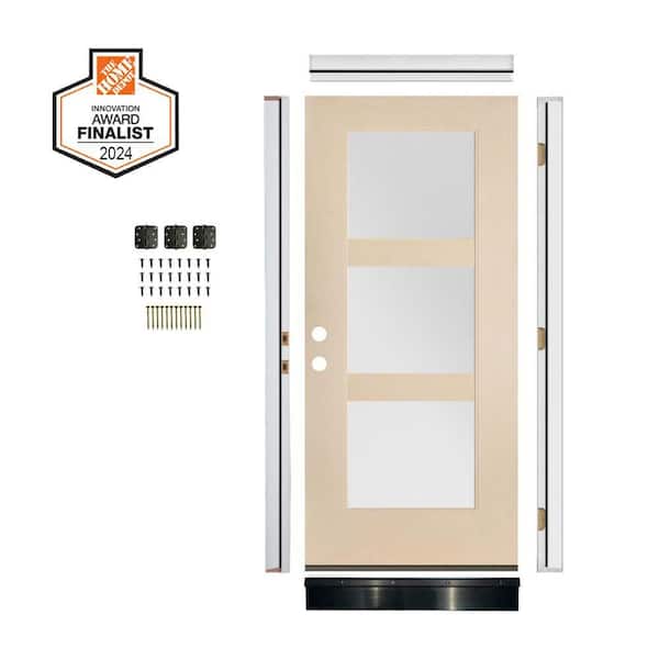 DIY RTA Kit Modern 36 in. x 80 in. 3-Lite RH Inswing Frosted Glass Unfinished Fiberglass Ready To Assemble Front Door