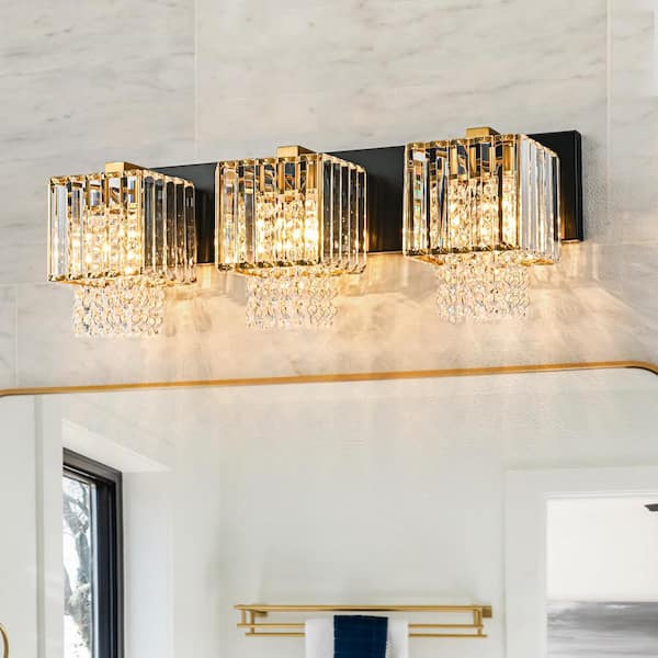 Schonbek 23.62 in. 3-Light Modern Black and Gold Crystal Vanity Light for Bathroom with Crystal Beads