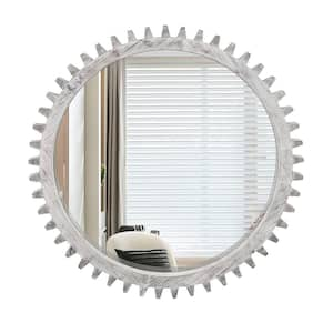 34 in. L x 34 in. W Gear-Shaped Vintage Solid Wood Framed Wall-Mount Bathroom Vanity Mirror in White Washed