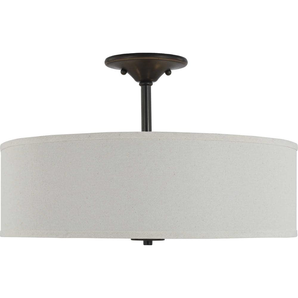 Antique Bronze Off-White Linen Shade 20" Drum Semi-Flush Mount