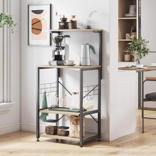 Bestier 3-Tier Baker's Rack with Cabinet, Kitchen Storage Shelves,  Microwave Oven Stand, Coffee Bar with Hooks in Rustic 