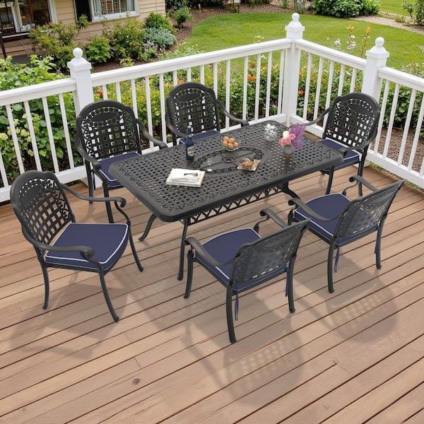 Unbranded 7-Piece Black Cast Aluminum Outdoor Dining Set with Blue Cushions