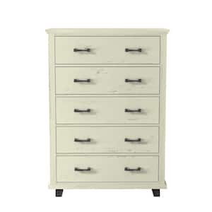 Modern Farmhouse Saw Cut Off White 5-Drawer 38 in. Wide Chest of Drawers with Stylish Metal Wood-Grain Handles