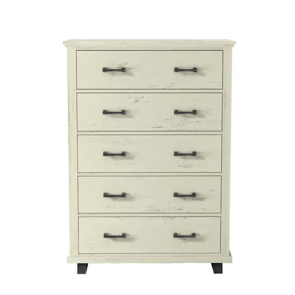 FESTIVO Modern Farmhouse Saw Cut Off White 5-Drawer 38 in. Wide Chest of Drawers with Stylish Metal Wood-Grain Handles