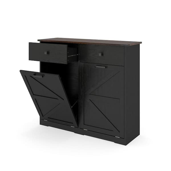 Black Wood Tilt Out Trash Cabinet, Barn Door Laundry Sorter Cabinet with Hideaway Drawer for 20 Gal. Trash Cans
