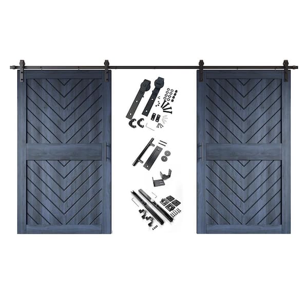 JT3 48 in. x 84 in. C-Panel Navy Fishbone Design Double Pine Wood Sliding Barn Door with Hardware Kit