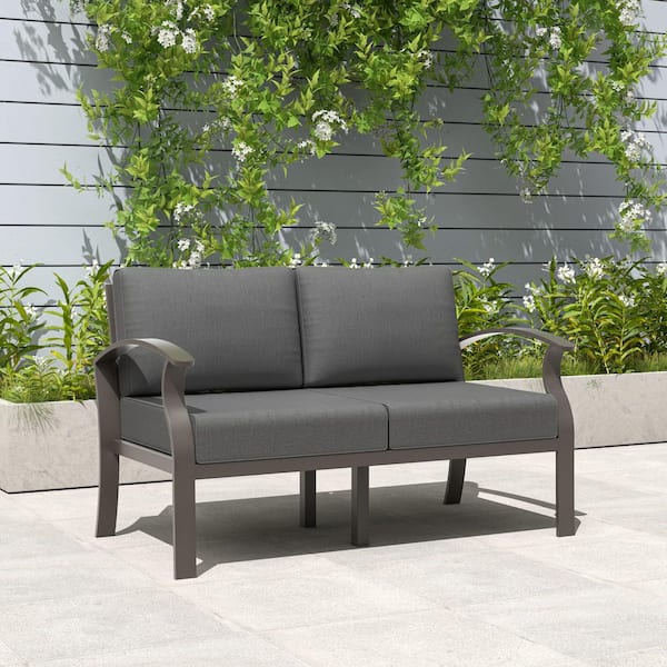 2-Seat Aluminum Sectional Patio Couch with Grey Cushions