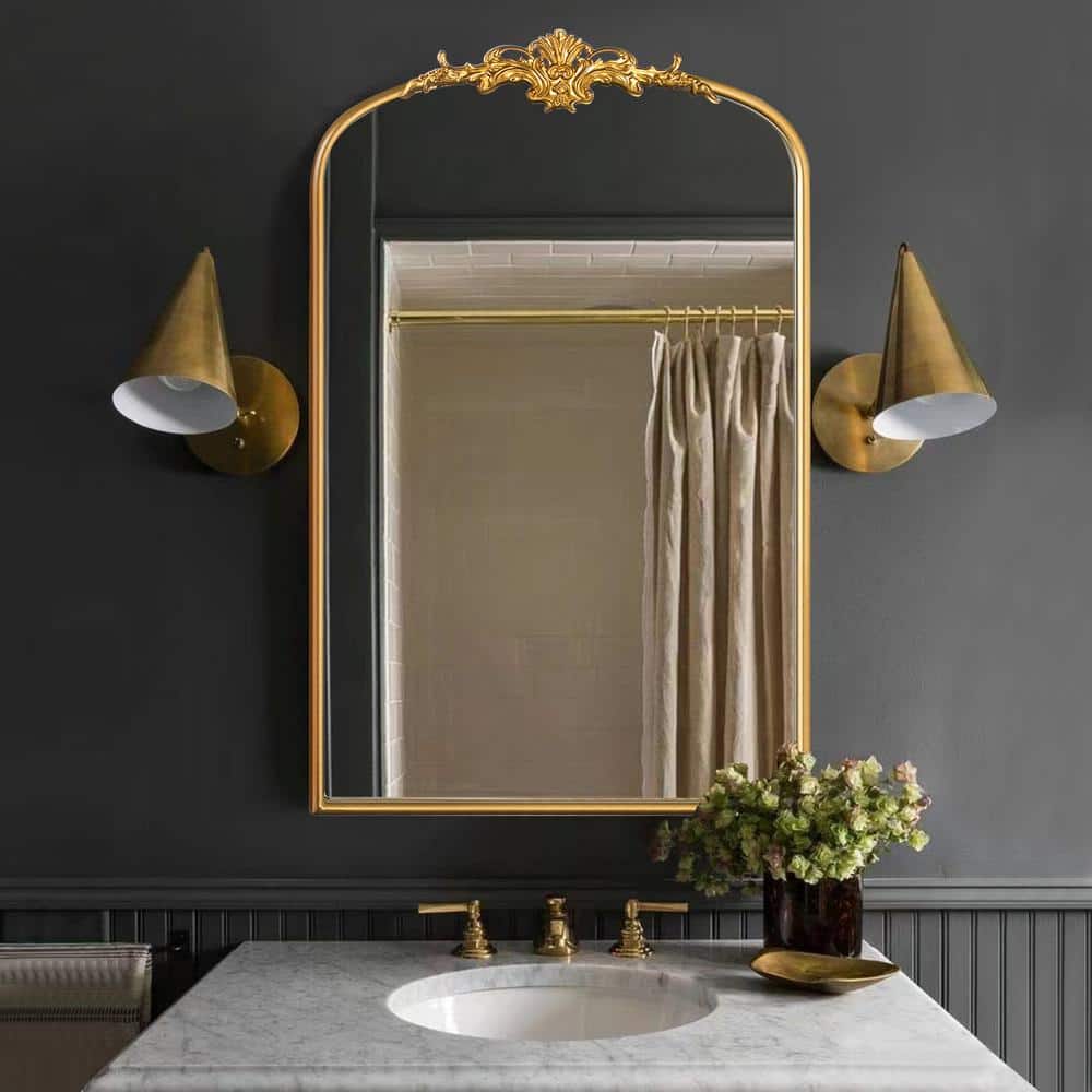 Crane Lake 24"x36" Gold Arched Metal Framed Decorative Mirror