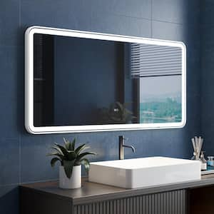 60 in. W x 28 in. H Large Rectangular Aluminum Framed Wall Mount LED Light Bathroom Vanity Mirror in White