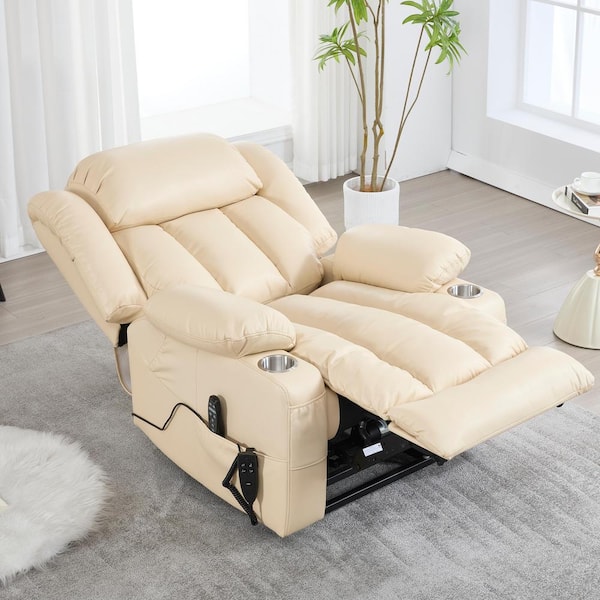 Dual Motor Leatheraire Power Lift Recliner Chair with Vibration Massage and Lumbar Heating, Cup Holders-Beige