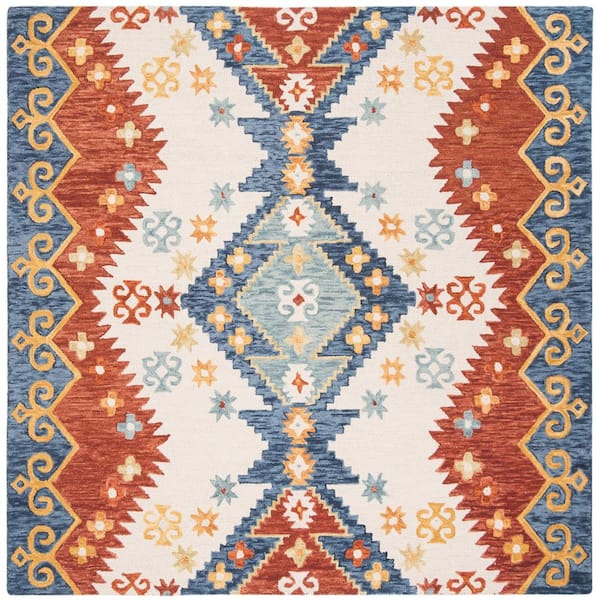SAFAVIEH Aspen Ivory/Blue 7 ft. x 7 ft. Ikat Diamond Square Area Rug