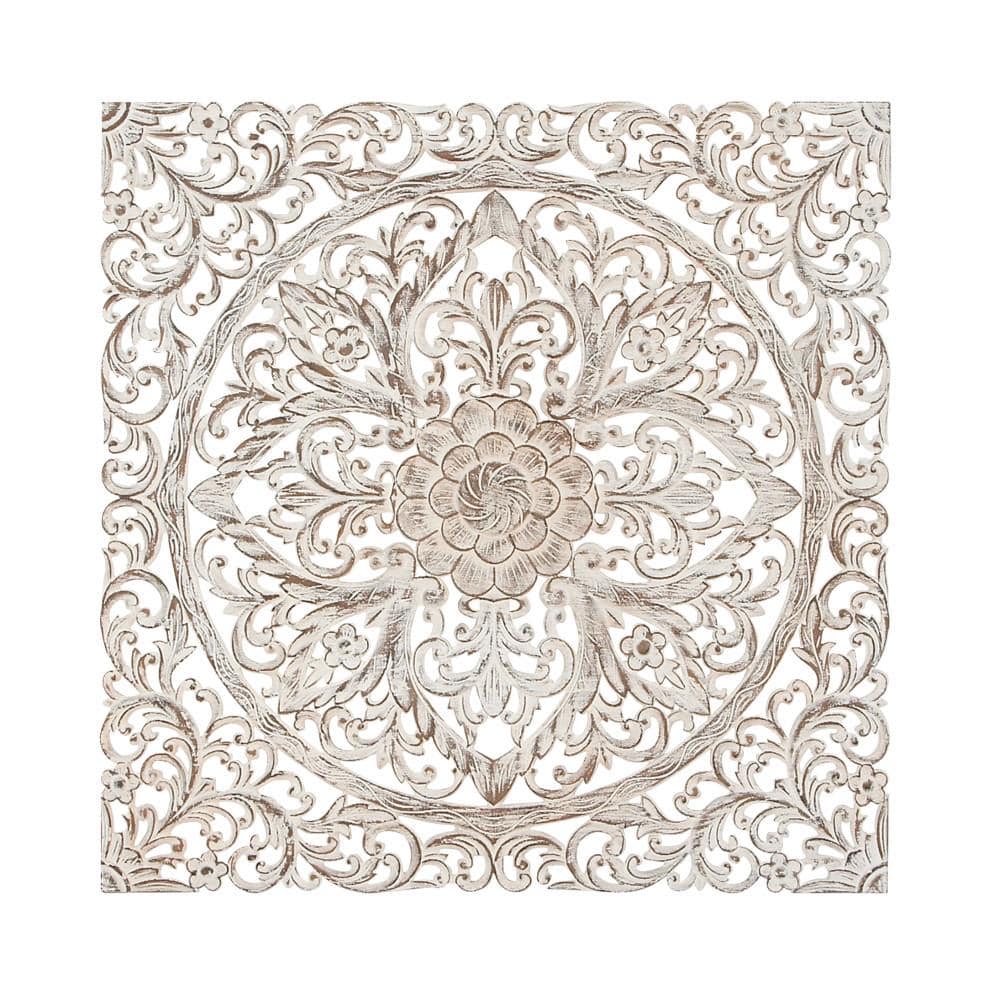Brown and White Carved Floral Mandala Wood Wall Decor